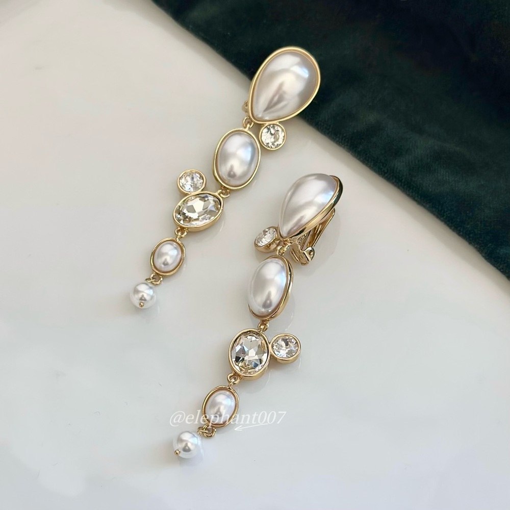 Oscar de la Renta Gold-Tone Pearl & Crystal Drop Earrings in White - Picture 2 of 5
